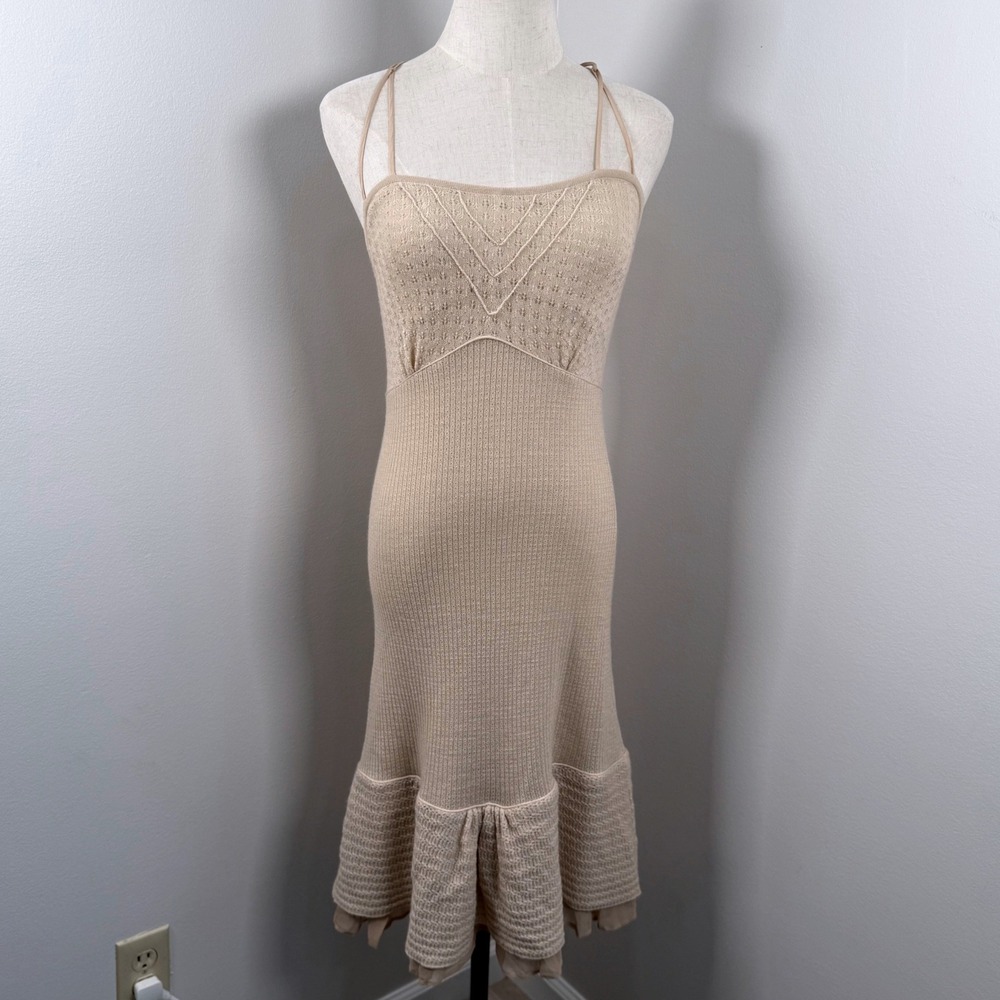 Max Azria S Crochet Knit Midi Dress Pointelle Ruffle Merino Cashmere Silk Luxury